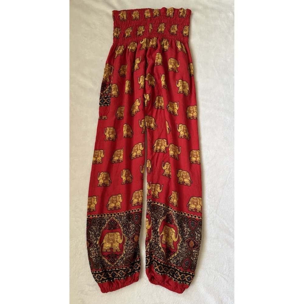Harem Pants Elephant Print Red Boho Festival Yoga Lounge Rayon Thailand
